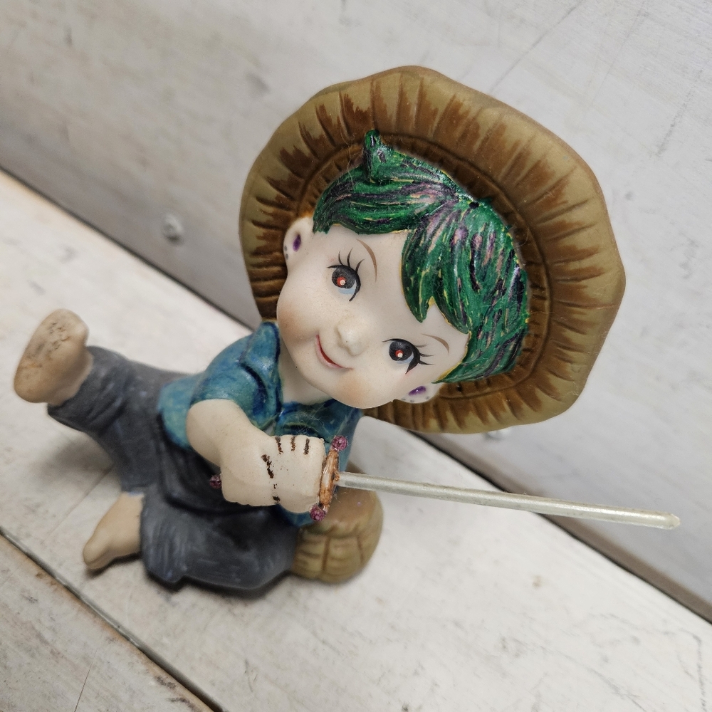 One Piece Inspired Upcycled Ceramic Boy w/ Sword Hand Painted Art Decor 90s
